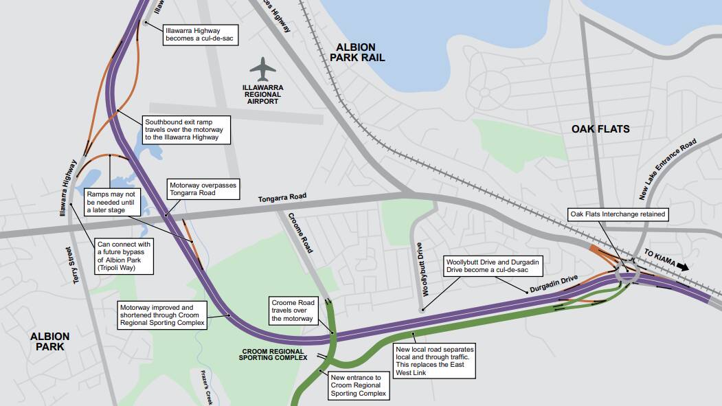 The preferred route released by Roads and Maritime Services - now Transport for NSW - in 2014, showing the provision to connect with the Albion Park bypass (Tripoli Way).