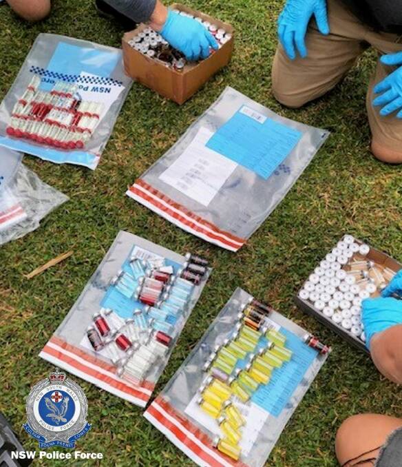 300 vials of an unknown substance were seized for further examination. Picture from NSWPF