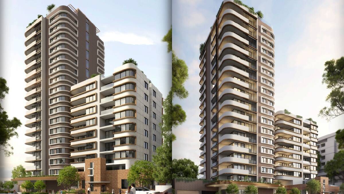 Two views of the 17-storey complex planned on a Denison Street site heritage-listed by Wollongong City Council