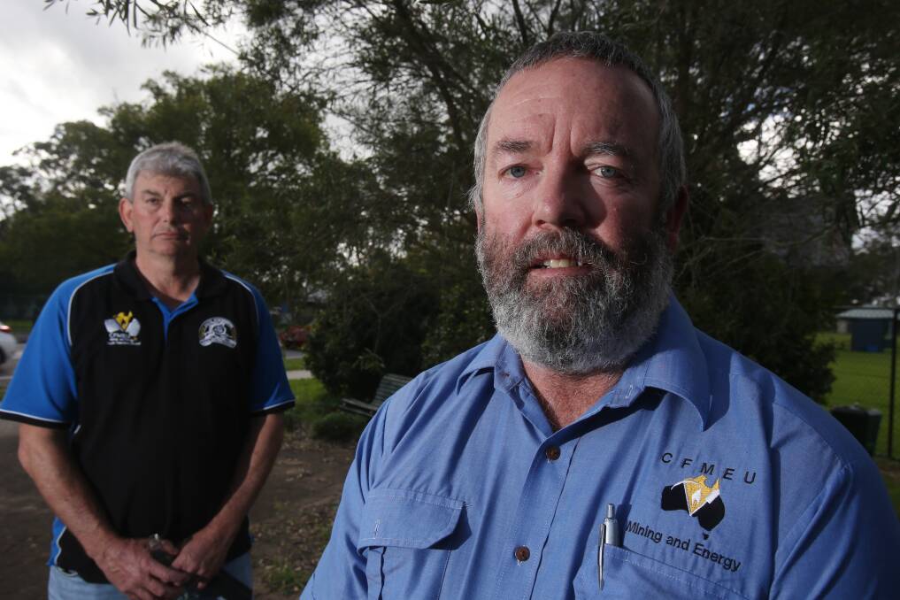 CFMEU members Lee Webb (left) and Dave McLachlan, who lost his job over the Appin undie protest in March this year. Picture: Robert Peet