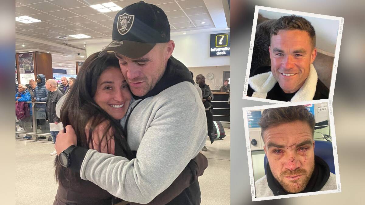 Reunited in the UK - Matt Syrons hugs his wife Keone Rawiri at the on Thursday, plus an inset of him before and after the attack. Picture supplied.
