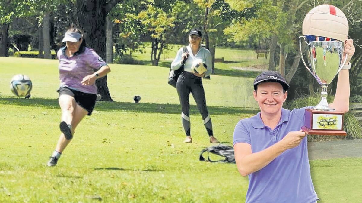 Katy Smith holds the trophy she was awarded as the lone female entrant in a footgolf competition at Jamberoo last year and (left) as she appears in action. Pictures: supplied