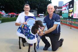 Sandro Bechini (left) with Valpolicella and trainer Tony Zammit after a feature race win at Wentworth Park. Photo Lachlan Naidu