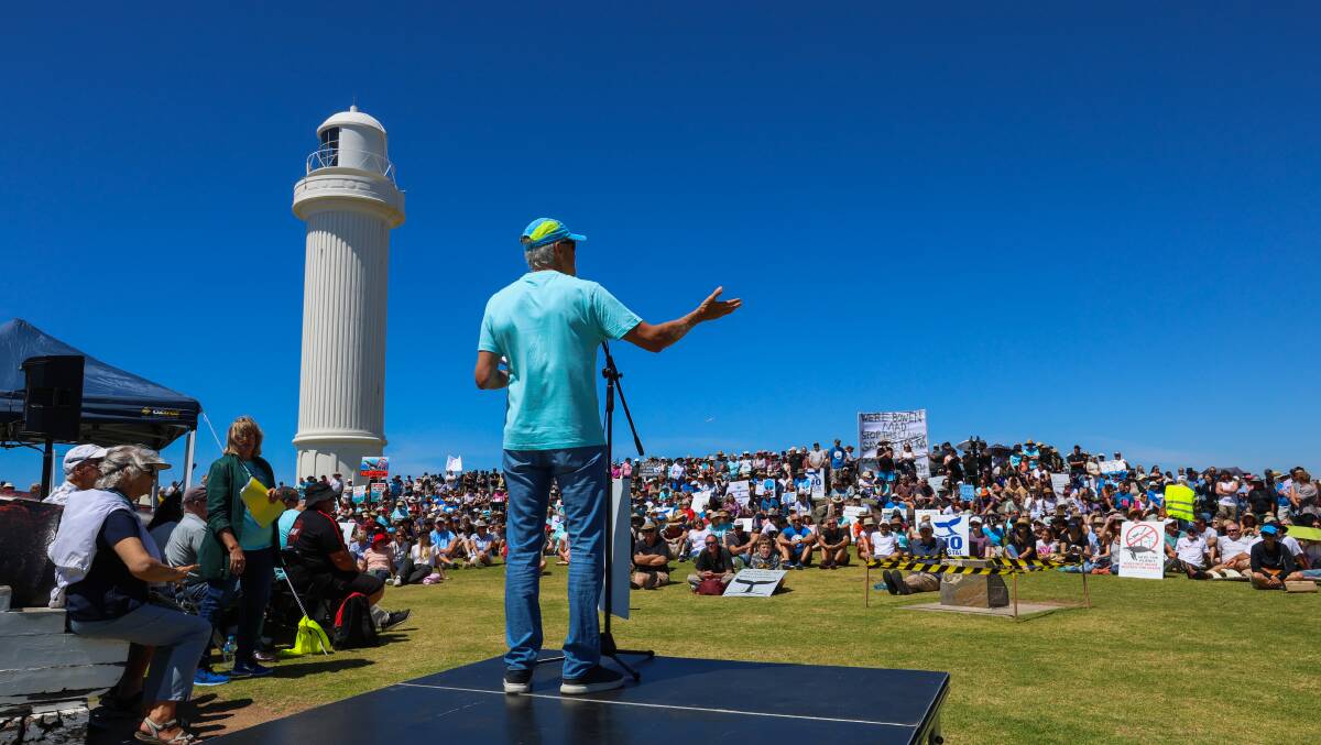 A large crowd gathered in protest against a proposed offshore wind farm zone stretching from Wombarra to Kiama. Pictures by Wesley Lonergan