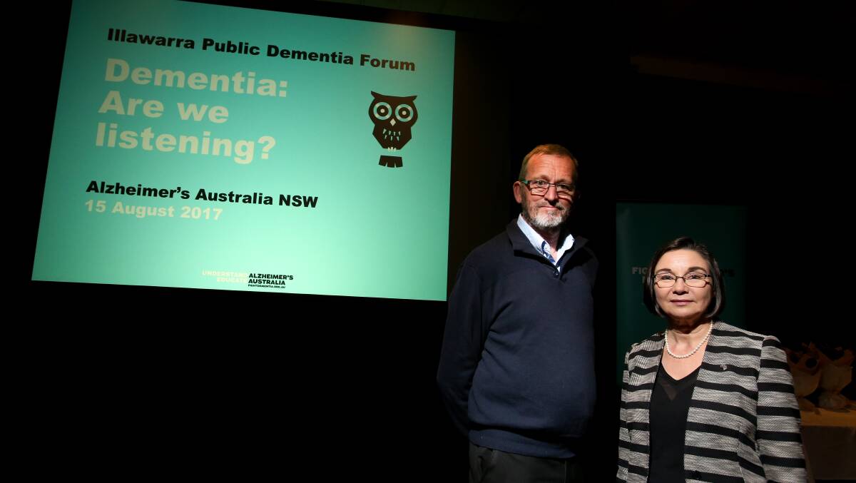 Raising awareness: Lake Illawarra resident Terry Rushton and dementia advocate Kate Swaffer share their stories at the public forum organised by Alzheimer's Australia NSW at Fairy Meadow's Fraternity Club. Picture: Adam McLean