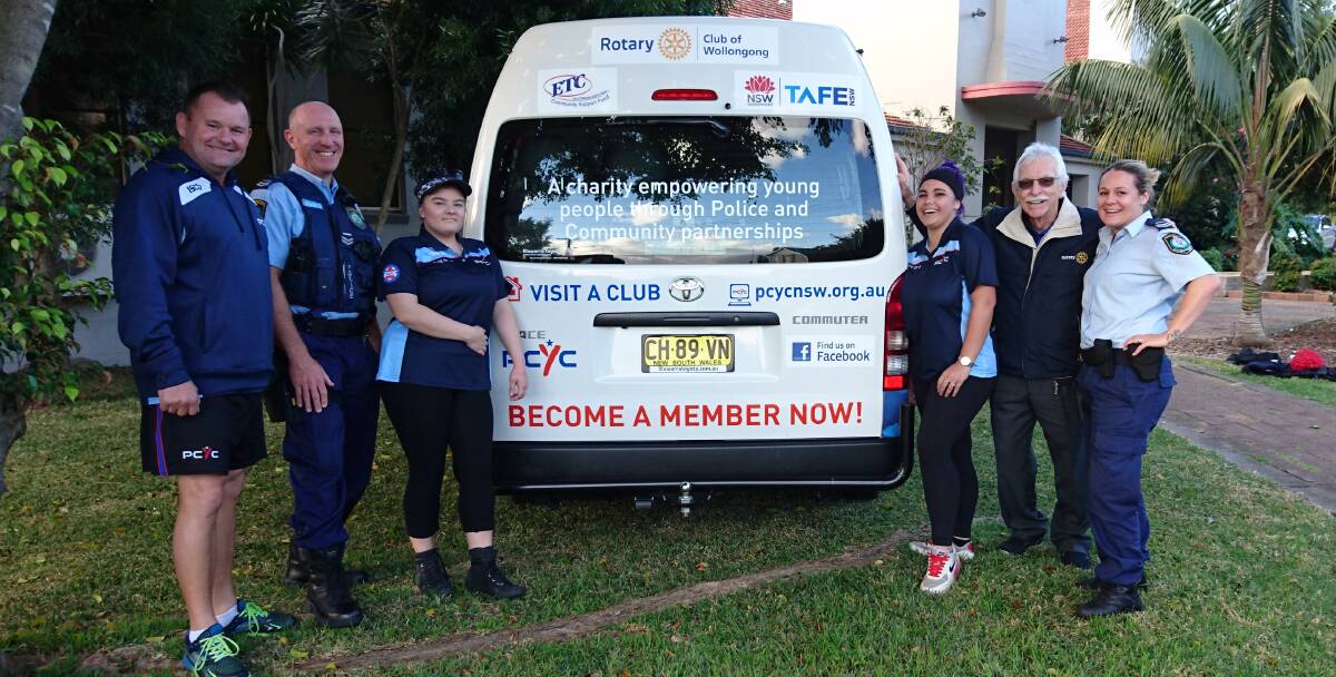 Team effort: PCYC manager Michael Jones, Snr Const Darren Palk, Blue Star Citizenship Program participants Tayah Spears and Tamika Burgess, Wollongong Rotary Club president Leigh Robinson and Snr Const Cate Johnston. 