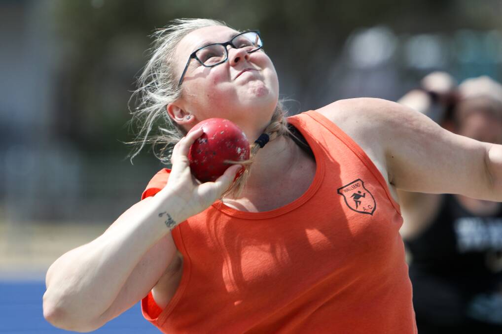 Melissa Holahan competes in the shot put during the Australian Masters Winter Throwing Championships at Beaton Park.