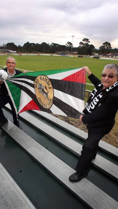 READY TO PARTY: Port Kembla Football Club founding members Albano Cazzolli and Emilio Gigliotti at Wetherall Park. Picture: Robert Peet