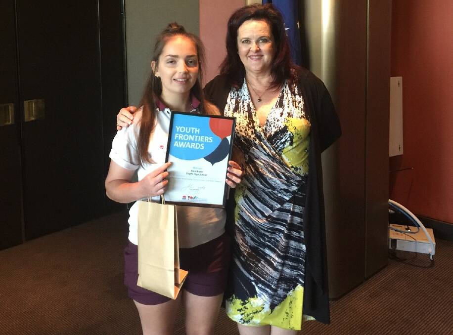 AWARD WINNER: Dapto High School student Zara Brown with Shellharbour MP Anna Watson at Parliament House, Sydney, accepting her award.  