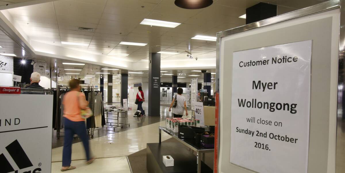 END OF AN ERA: A steady stream of shoppers looked for some bargains in the near empty Myer Wollongong store on Sunday. The department store closed for good on October 2. Picture: Robert Peet