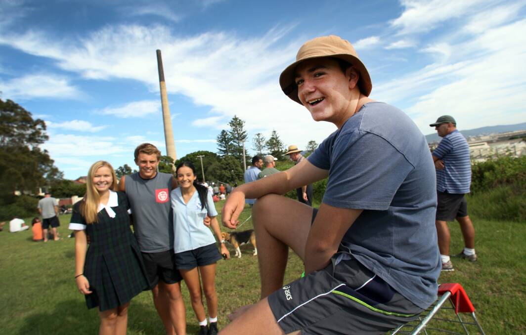 Katelyn Bath, Jack Cross, Jess Arndell and Hamish Gadd  waiting for the stack to drop at Gallipoli Park in Port Kembla. Picture: ORLANDO CHIODO