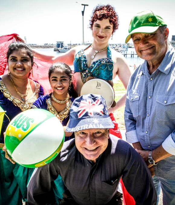 READY TO CELEBRATE: Rithika Koishnan, Apane Yanamandram, Wollongong lord mayor Gordon Bradbery, councillor Leigh Colacino and Tarah Hunut at the launch of Wollongong's Australia Day 2016 festivities. Picture: Georgia Matts