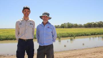 Dr James Brinkhoff, UNE, and Brian Dunn, NSW DPI, at the Rice Research Australia site at Coree. Picture by Alexandra Bernard.