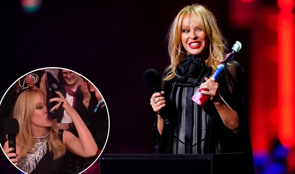 Kylie Minogue accepts the BRITs Global Icon Award and (inset) performs a shoey during the show. Pictures by James Manning/PA Wire and YouTube/BRITs