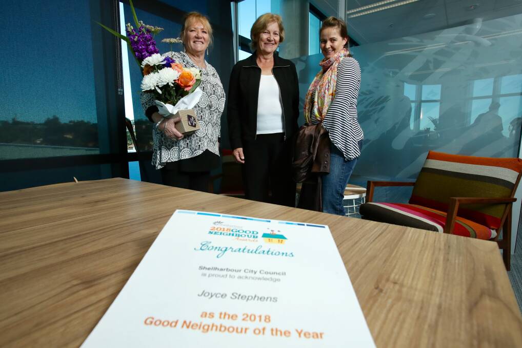 Generosity: Shellharbour Mayor Marianne Saliba with Good Neighbour of the Year Joyce Stevens and Manja Zschoegner who nominated her. Picture: Adam McLean