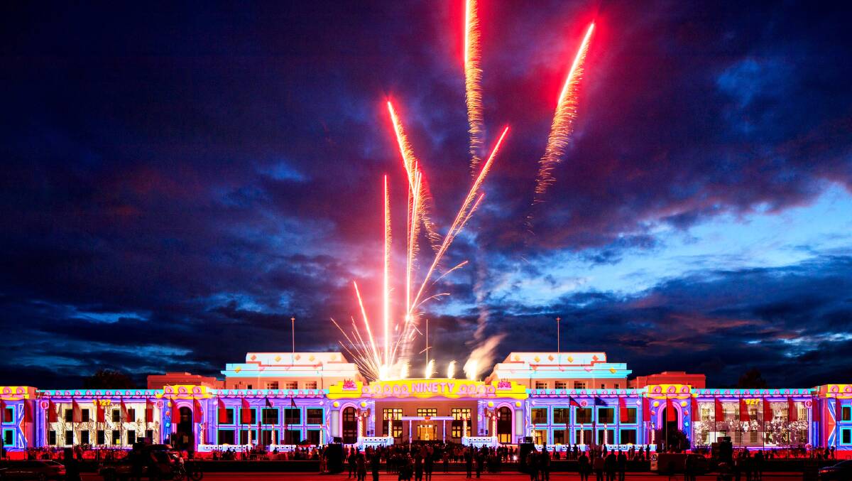 Old Parliament House shines in the glow of fireworks during the Enlighten Festival. Picture: Supplied