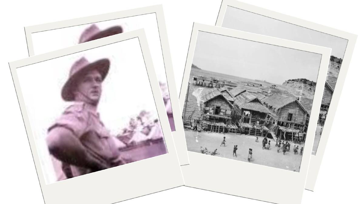 Left: Charlie Brennan at war. Right: Buildings and the harbour of Balikpapan, after the area was liberated during World War II. Photo: Australian War Memorial