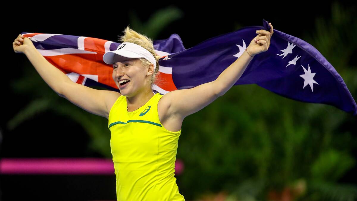 Moving on: Daria Gavrliova celebrates after Australia's victory. Picture: Adam McLean.