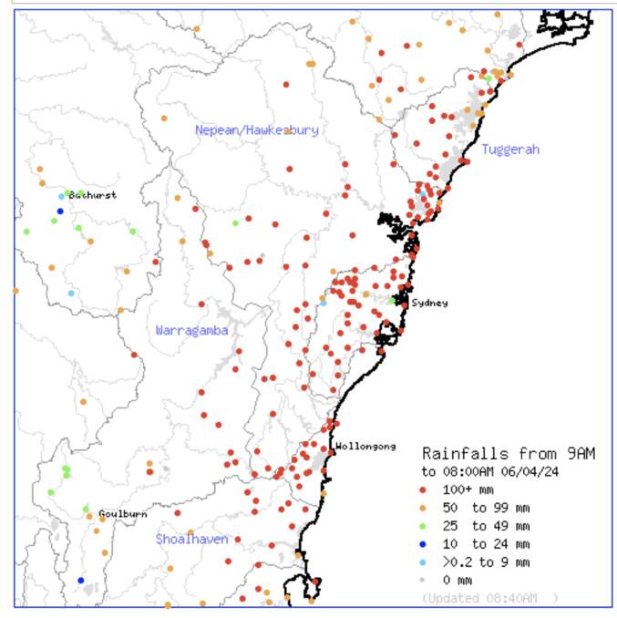 All but one of the region's rainfall monitors received more than 100mm (marked in red).