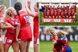 Evie McGrath (main) and Charlotte Basham (bottom right) are among the 12 premiership-winning Illawarra Steelers (top right) to earn Country call-ups. Pictures by Anna Warr and Denis Ivaneza