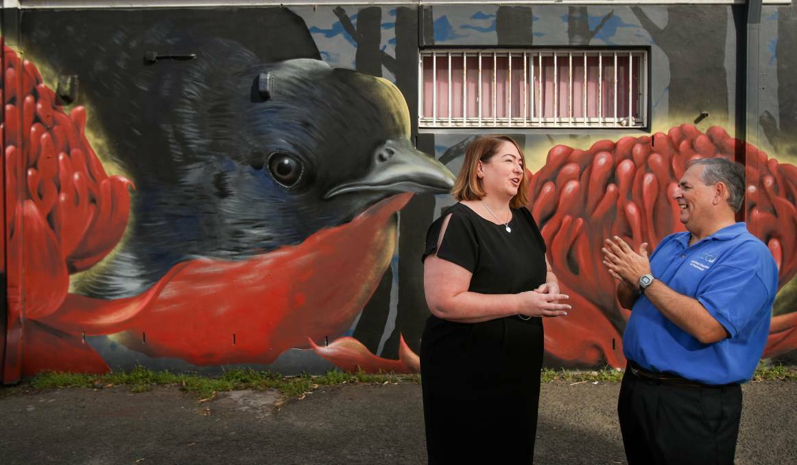 Magnificent murals: Cr Jenelle Rimmer and Paul Boultwood at a new mural designed to enhance the landscape and cover up graffiti in Woonona.