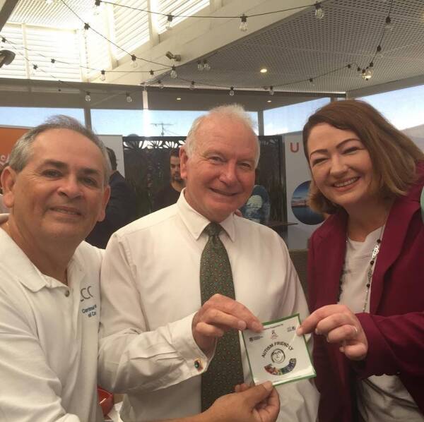 Inclusive: Paul Boultwood, Lord Mayor Gordon Bradbery and Cr Jenelle Rimmer celebrate Corrimal becoming Australia's first Autistic Friendly Community.