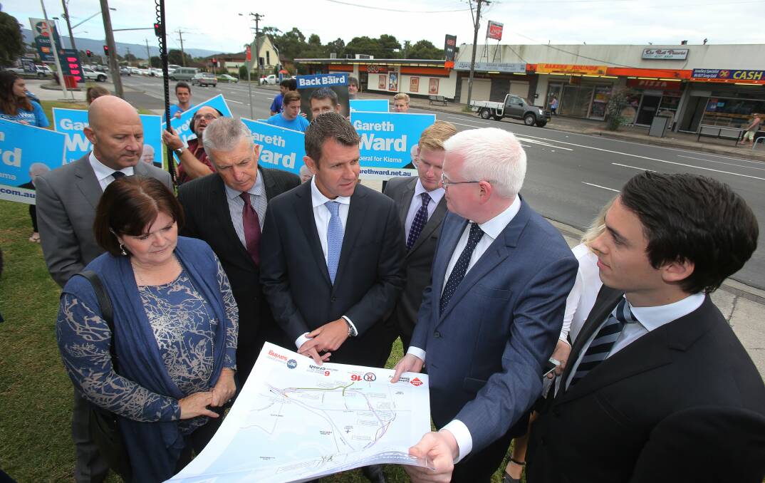 Funding pledge: Then NSW Premier Mike Baird in Albion Park Rail in March 2015 to make an election promise of $550 million in funding for the bypass. Picture: Robert Peet