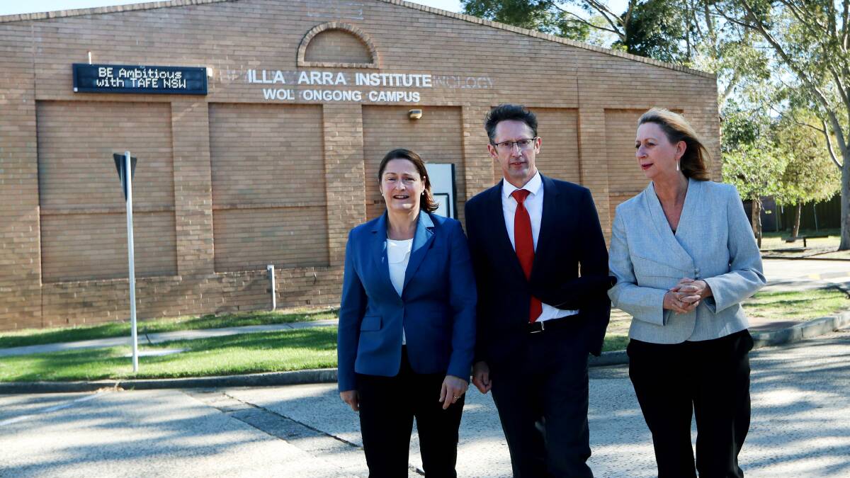 TALKING TAFE:  Labor politicians Fiona Phillips, Stephen Jones and Sharon Bird talk up the party's plan to scrap upfront fees for 100,000 TAFE students. Picture: Sylvia Liber.