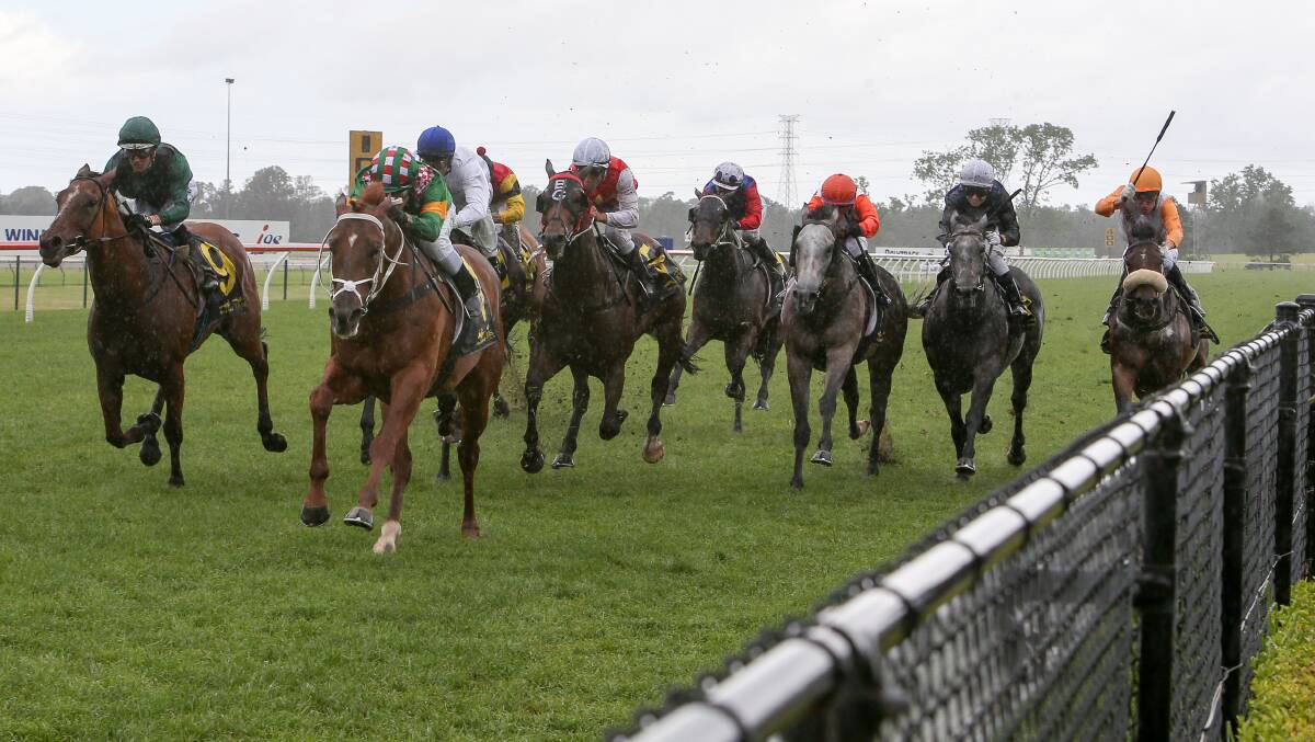 WET AND WIDE: Jockey Mitchell Bell riding Rare Episode to a win at Kembla Grange. Photo: Adam McLean.