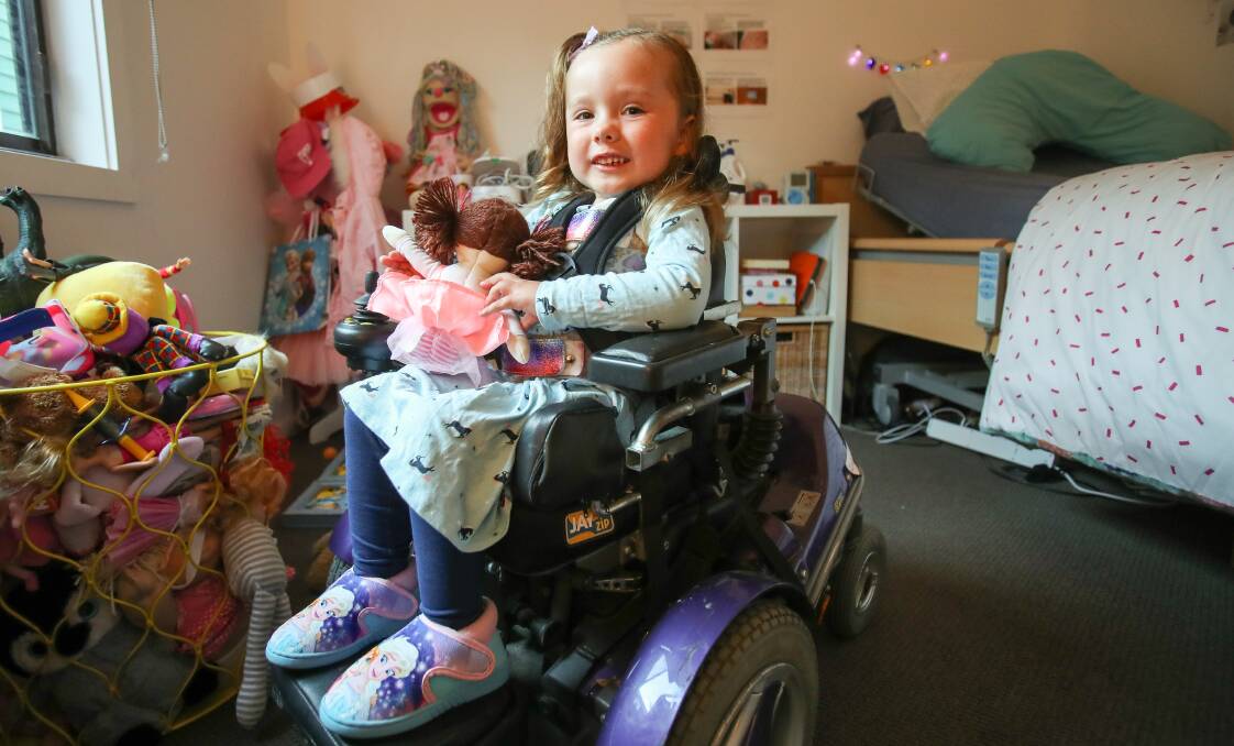 Woonona girl Ruby McLean has been on Spinraza to treat the degenerative disease, spinal muscular atrophy, for over 12 months and her quality of life has improved considerably. Picture: Adam McLean