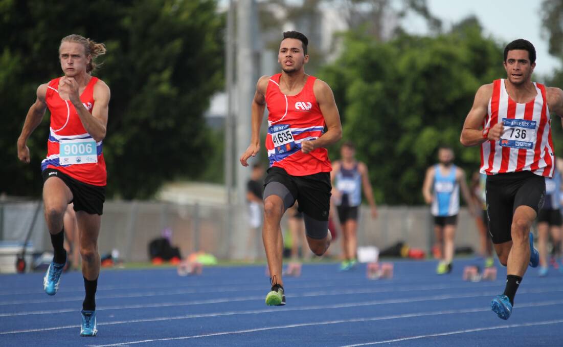 Track talents on show: Athletics Wollongong club members Mitchell O'Neill (left) and Gabriel Bickel (centre) in the open men's 100m at the Illawarra Track Classic.