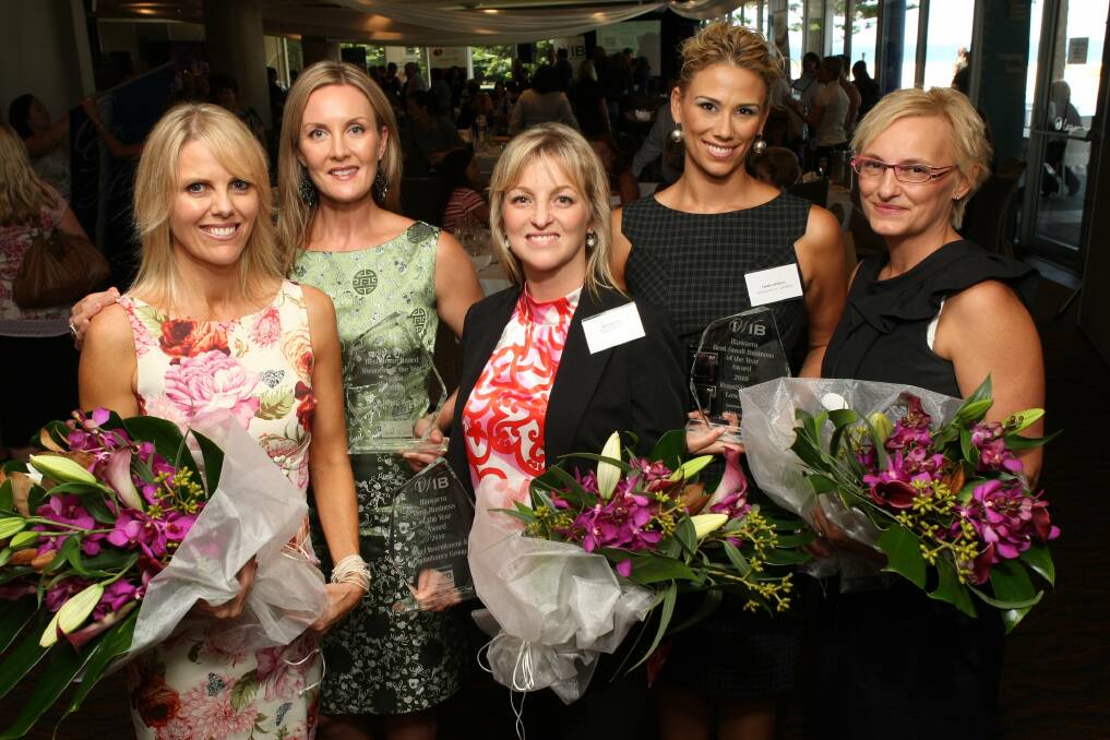 Lisa Hughes and Kristine Morgan, of Love Being Woman, Beti Krsteski of Angel Recruitment and Consultancy Group, Tiarna Simicic and Lou Rossi of Rossi and Simicic Lawyers who took out awards at the Illawarra Businesswomen's Awards at the Lagoon Restaurant in 2010.
