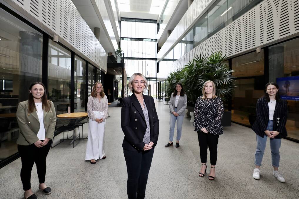 Smart business: Yazmin Thomas, Amelia Penning, Lisa Burling Blake, Natalie Zagaglia, Lauren Fellowes and Harriet Adams at Smart Space, Enterprise 1 building at the University of Wollongong Innovation Campus. Picture: Adam McLean.
