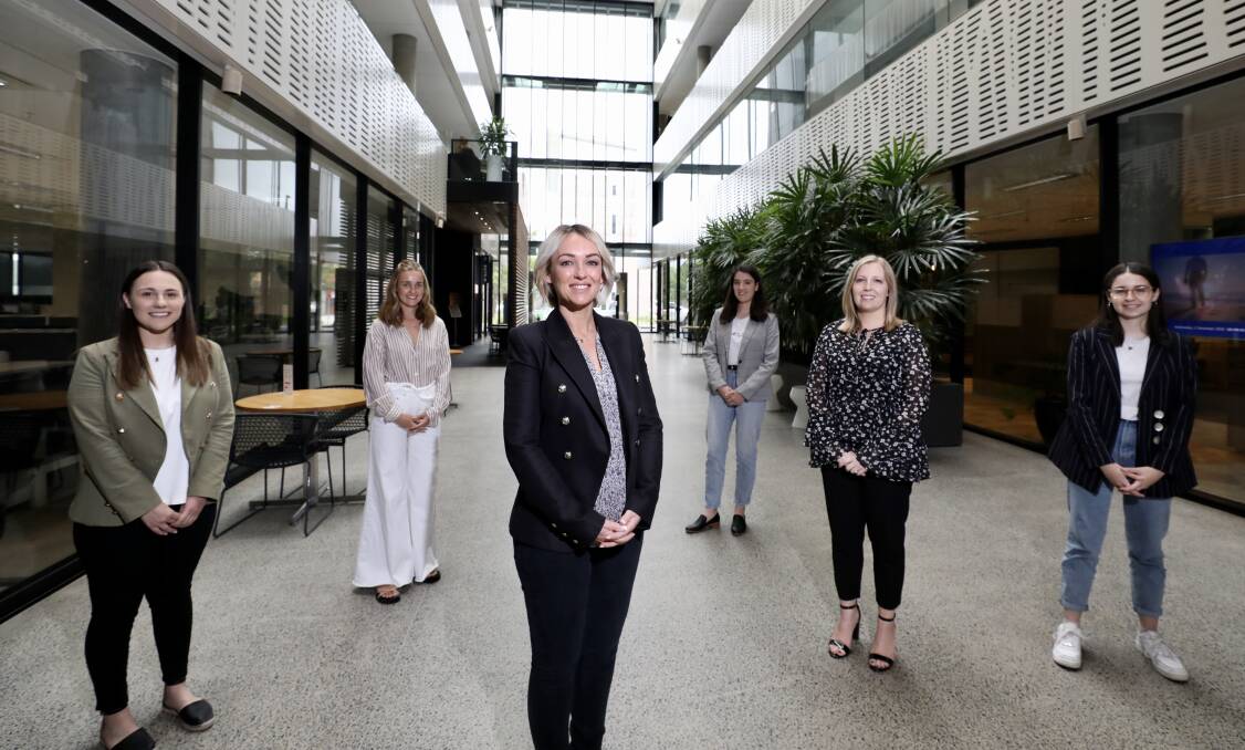 Smart business: Yazmin Thomas, Amelia Penning, Lisa Burling Blake, Natalie Zagaglia, Lauren Fellowes and Harriet Adams at Smart Space, Enterprise 1 building at the University of Wollongong Innovation Campus. Picture: Adam McLean.