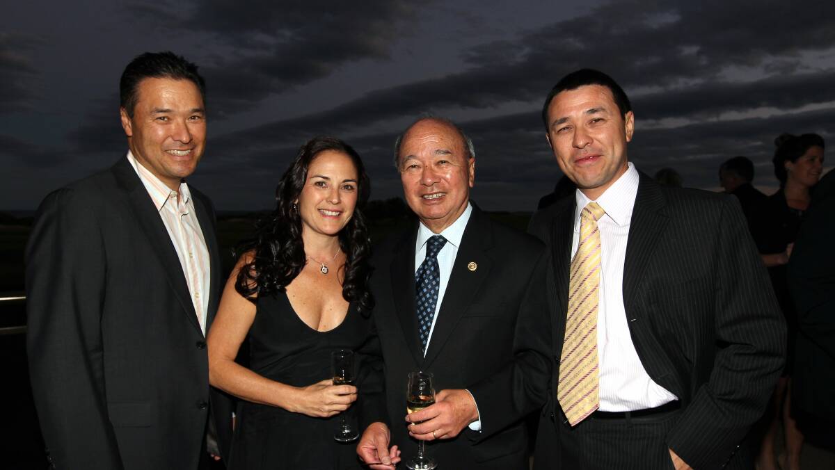 2012: Simon James , Allison Dawson and Rohan James with their father Dr Allan James at his retirement dinners: Picture Sylvia Liber.
