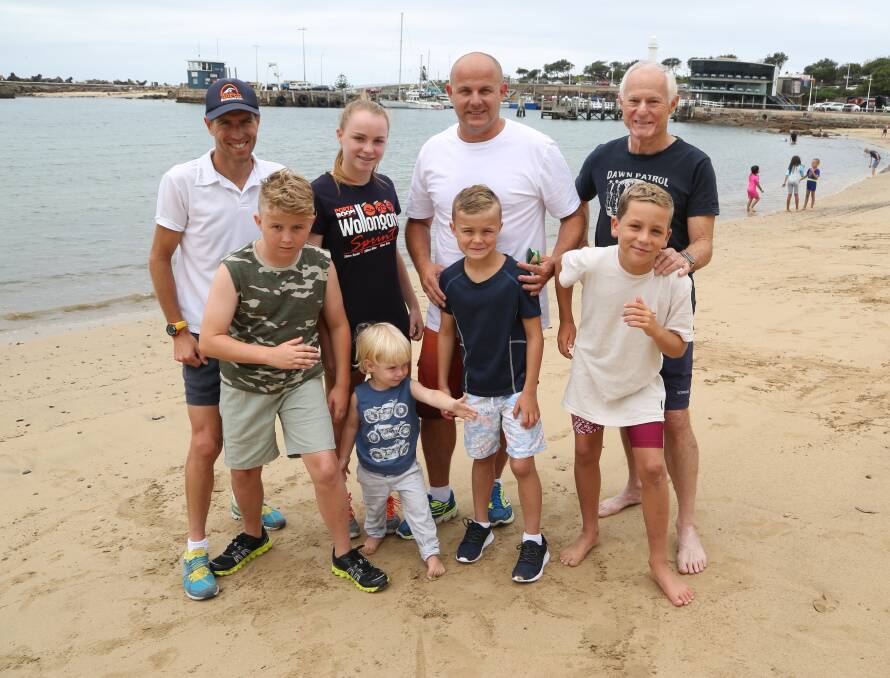 Australia Day Aquathon: Organiser Rob Battocchio with Sebstian Bradley, Hannah Bradley, Luke Bradley, Ben Bradley, Sam Bradley, Kai Lovegrove and Bill Lovegrove. Picture: Greg Ellis.

