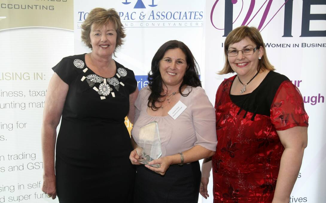 Glenda Papac, Carmen Rudd winner of Business Woman of the Year and Delyse Del Turco at the Illawarra Women in Business Awards in 2012.. 