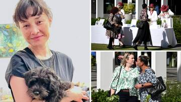 Jade Young with her beloved dog Teddy and (right) mourners at her memorial on Tuesday, April 23, 2024. Pictures supplied, AAP/Dan Himbrechts