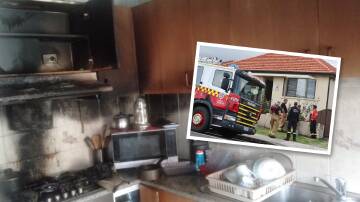 A kitchen was destroyed by fire at a home in Lake Heights and (inset) firefighters outside the Flagstaff Road house. Pictures supplied, Adam McLean
