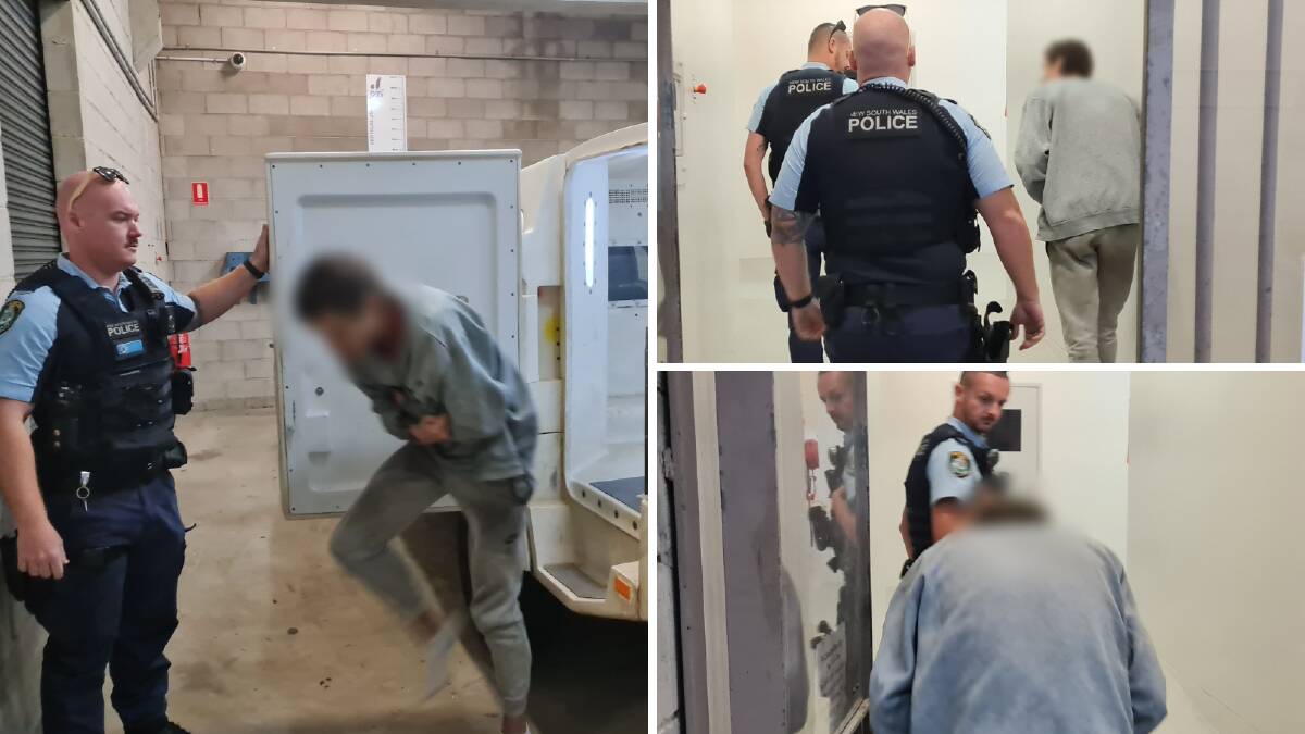 One of the arrested men arriving at a police station on Thursday, April 11, 2024. Pictures by NSW Police 