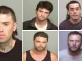 (clockwise from left) Nathan Laver, Matthew Oliver, Locklyn Lucas, Richard Dutton and Dean Leedham are on the run from Lake Illawarra police officers. Picture by NSW Police 